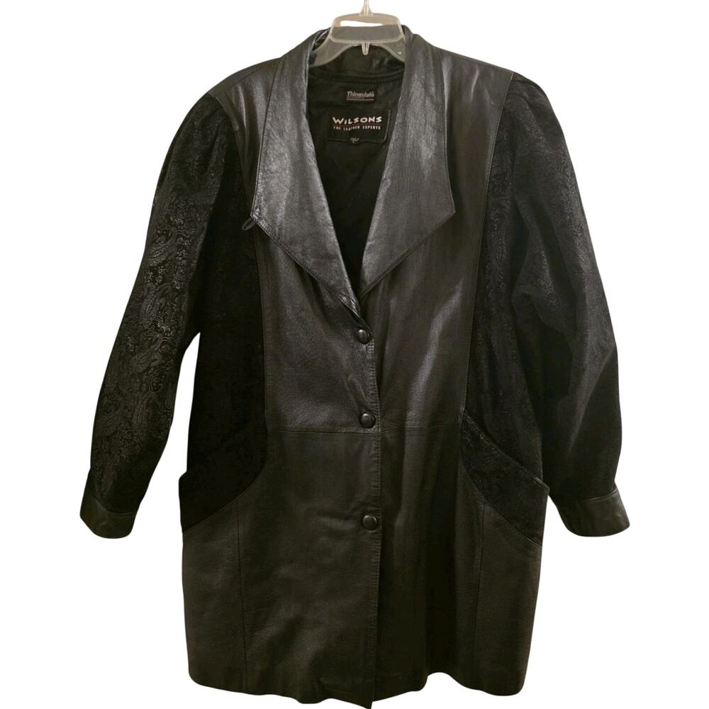 Vintage 90s Wilsons Leather Jacket Paisley Dolman Sleeve Thinsulate Coat Black L
